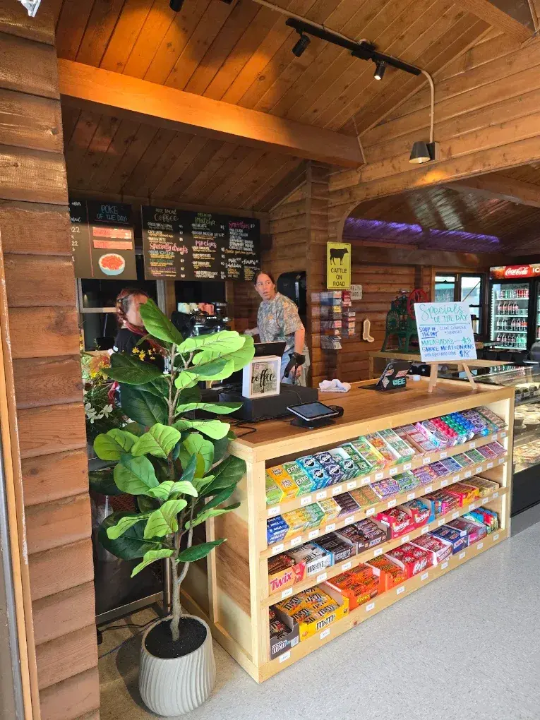 Snack shelves and the coffee counter at Umekes Saddle Stop