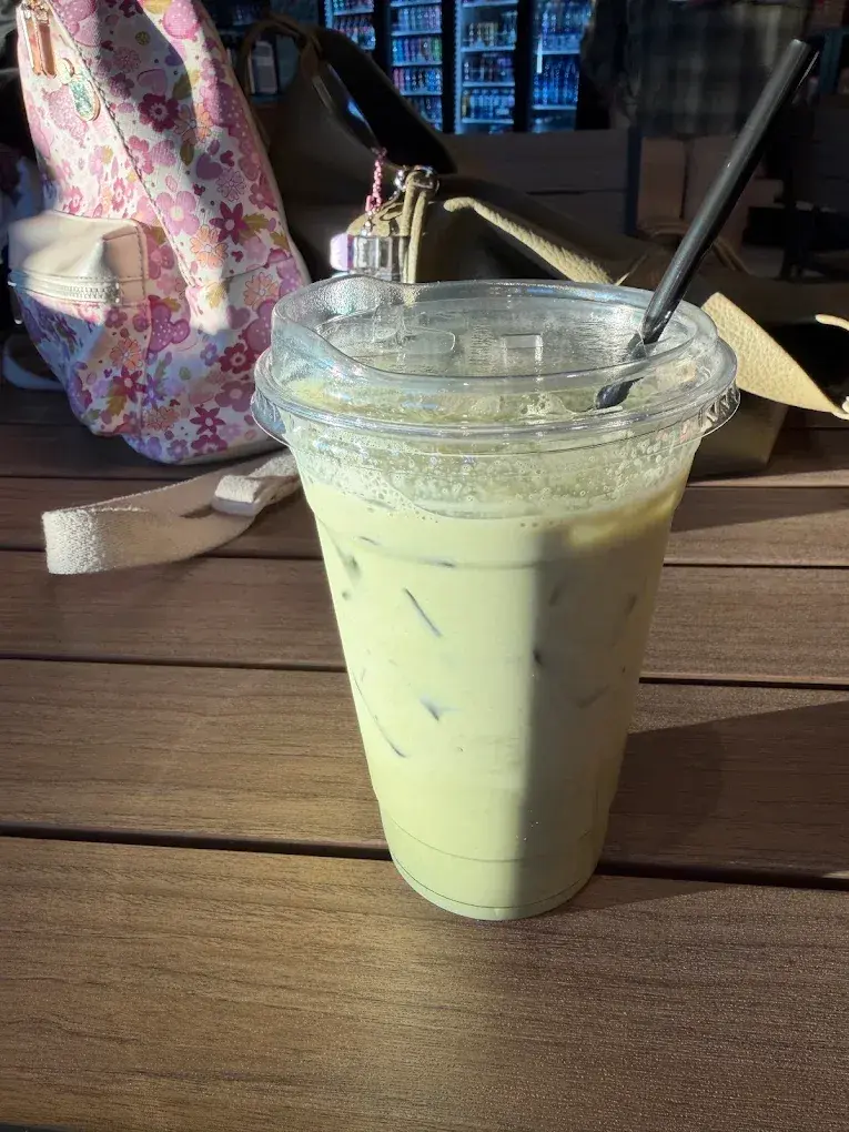An iced matcha latte from the Umekes Saddle Stop coffee counter